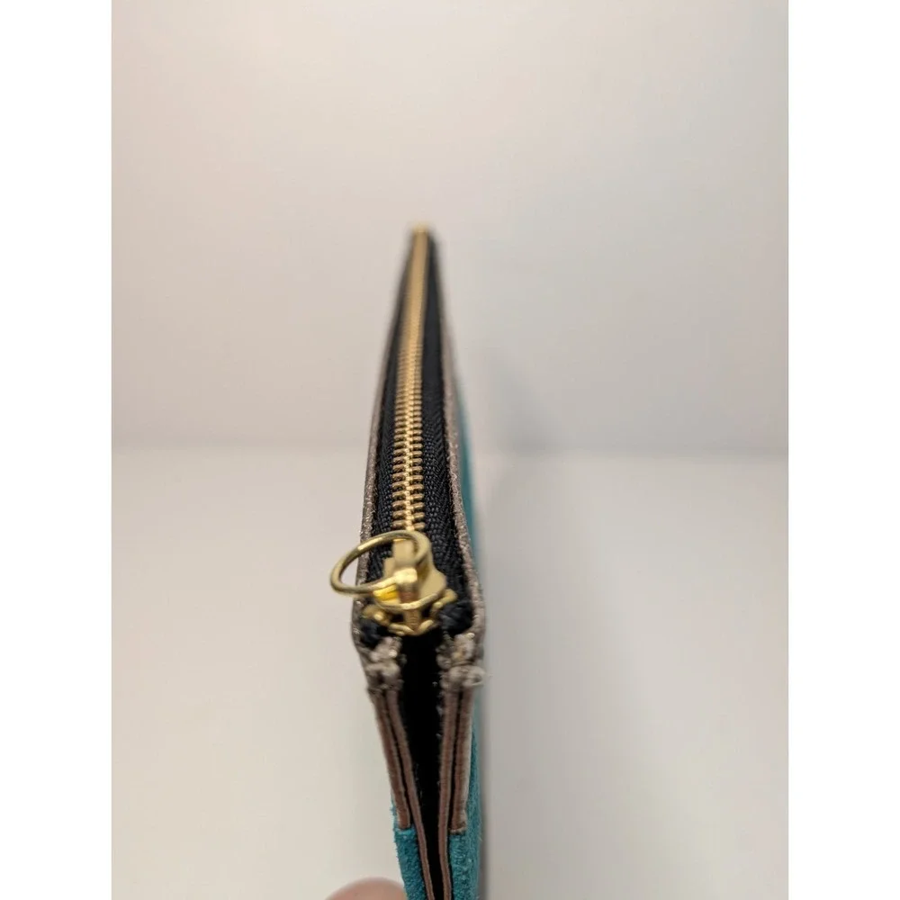 Fossil Striped Mixed‎ Leather Zip Pouch Clutch Navy Teal Green Metallic